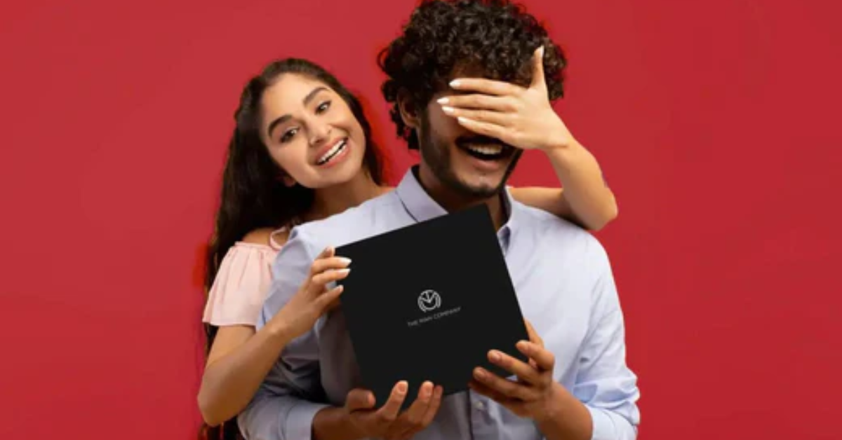 Woman gifting man on Valentine's Day