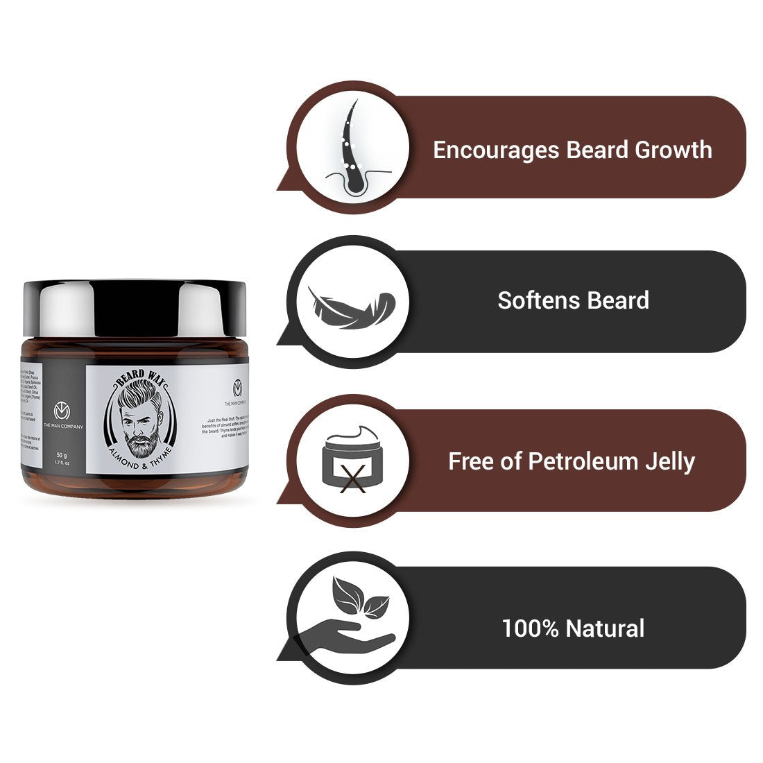 Beard Affair, almond & thyme, Beard wax, Benefits of Beardwax, Almond & thyme, encourages beard growth, softens beard, free of petroleum jelly, 100% natural
